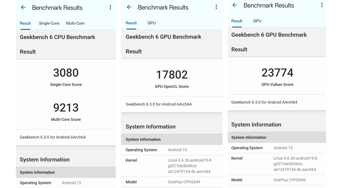 OnePlus 13 5G's CPU and GPU performance score on Geekbench 6.0 app.