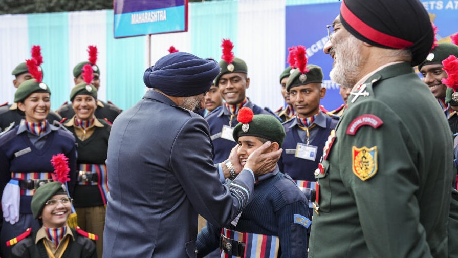 Air Chief Marshal Amar Preet Singh with Director General of National Cadet Corps (NCC) Lieutenant General Gurbirpal Singh during a reception for officers of DG NCC and for NCC Cadets from across the country, at Air House in New Delhi, Wednesday, Jan. 8, 2025.