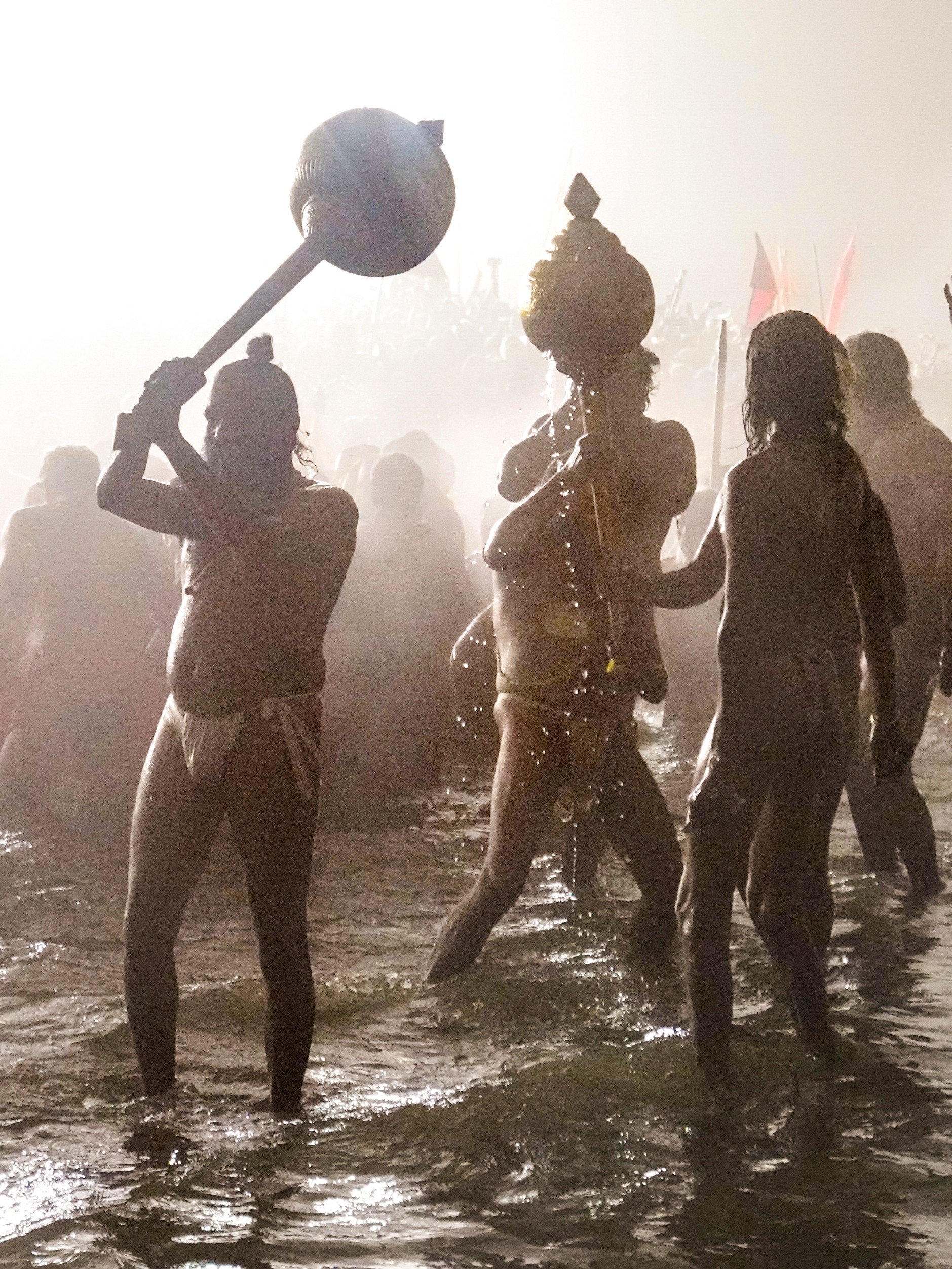 Chants of 'Har Har Mahadev,' 'Jai Shri Ram,' and 'Jai Ganga Maiyya' were heard as the Sadhus took the sacred dip in the bone-chilling water.