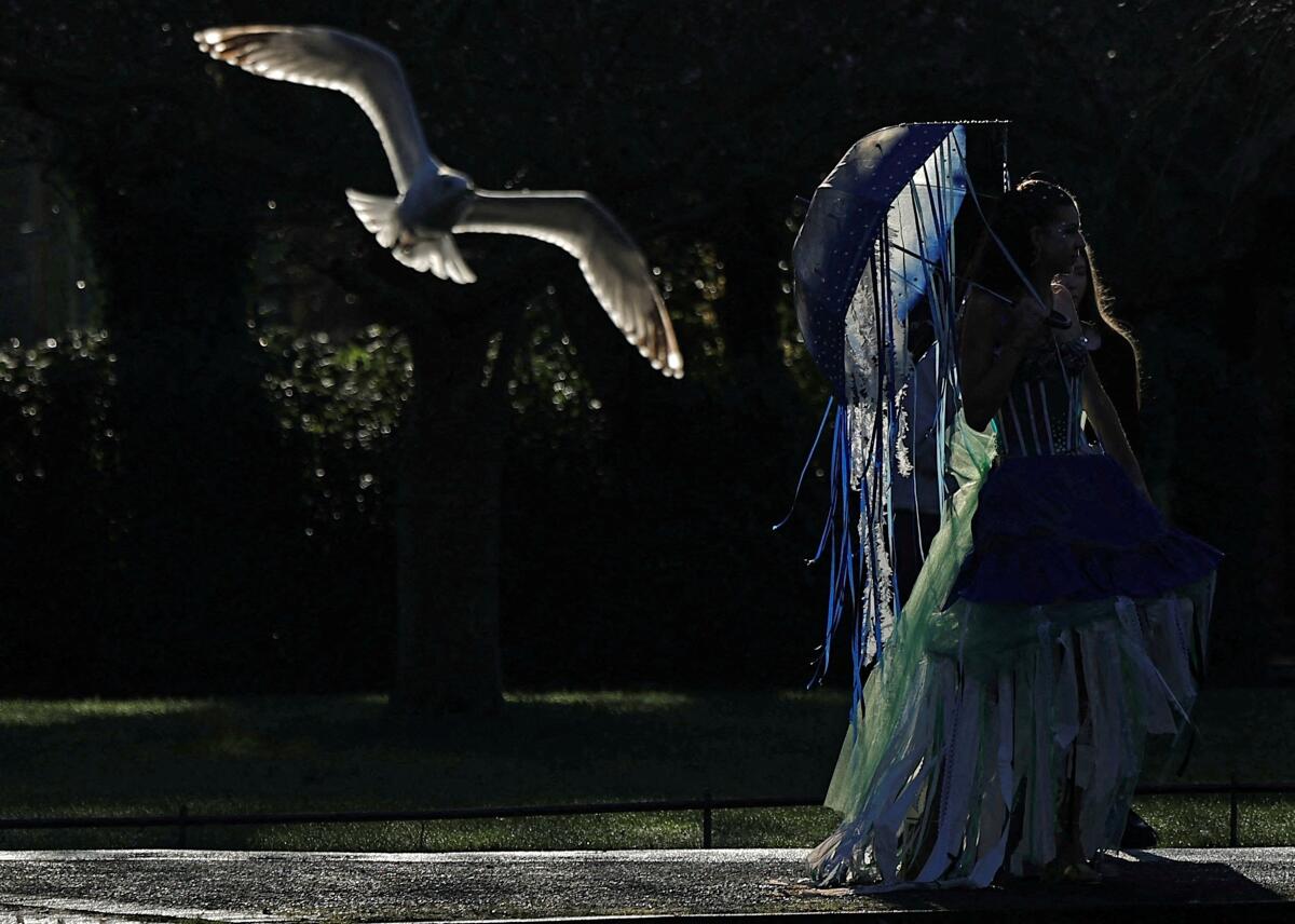 A woman, wearing a fancy dress costume, carries an umbrella in St. Stephen's Green, in Dublin, Ireland.