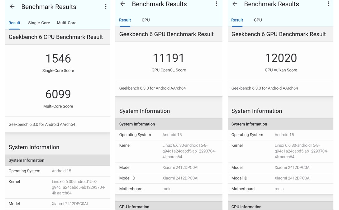 Poco X7 Pro's CPU and GPU performance scores on Geekbench 6.0 app.