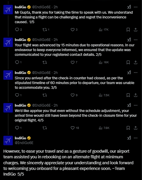 Indigo's reply to Prakhar Gupta's posts.