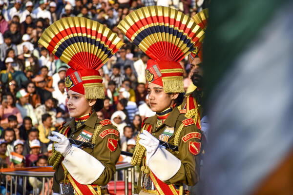 Border Security Force (BSF) personnel during the Beating Retreat ceremony on the 76th Republic Day, at the Attari-Wagah border between India and Pakistan, near Amritsar.
