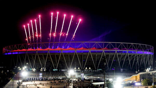 Fireworks at the Narendra Modi Stadium during a concert of British rock band Coldplay, in Ahmedabad.