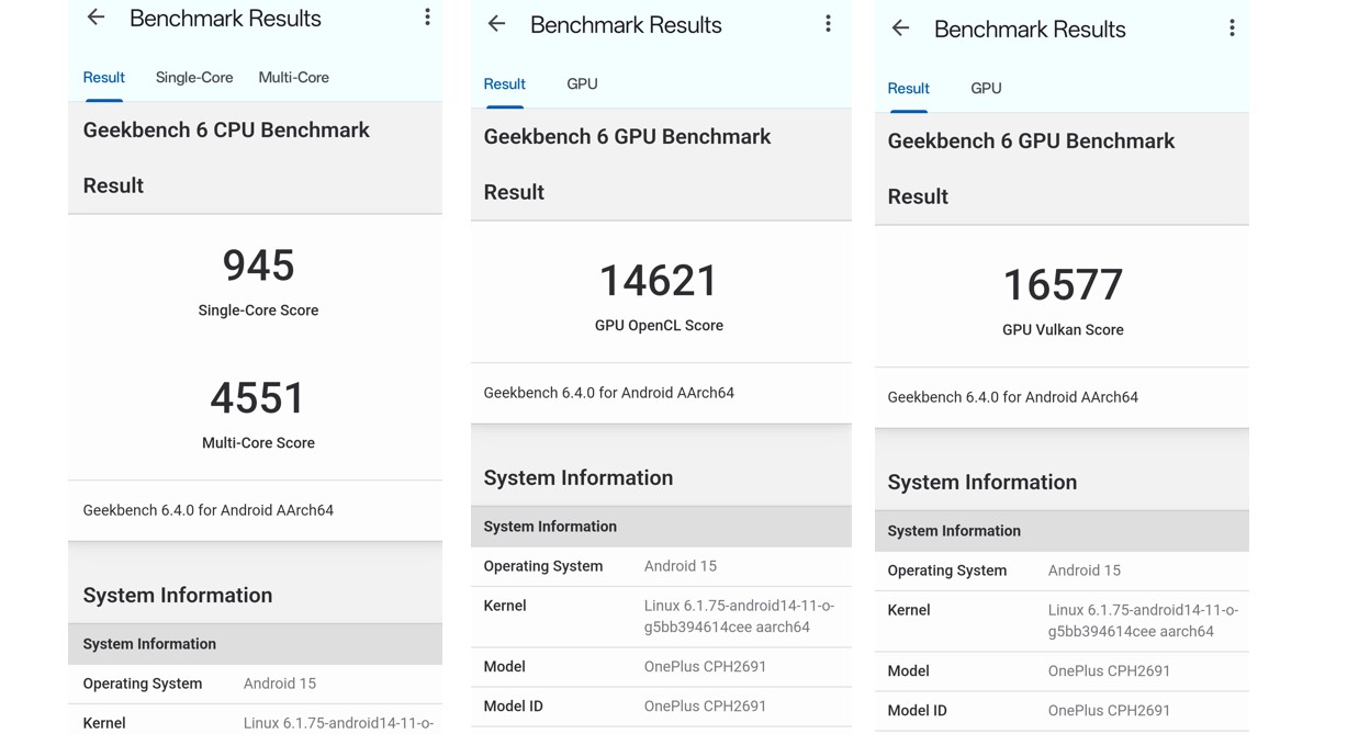 OnePlus 13R's CPU and GPU performance on Geekbench 6.0 performance testing app.