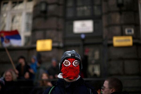 A student wears a Spider-Man mask during protest over the fatal November 2024 Novi Sad railway station roof collapse, in Belgrade, Serbia