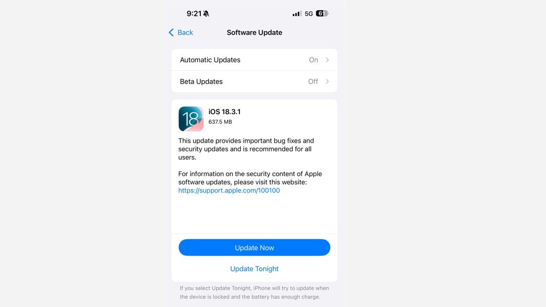 Apple iOS 18.3.1 update.
