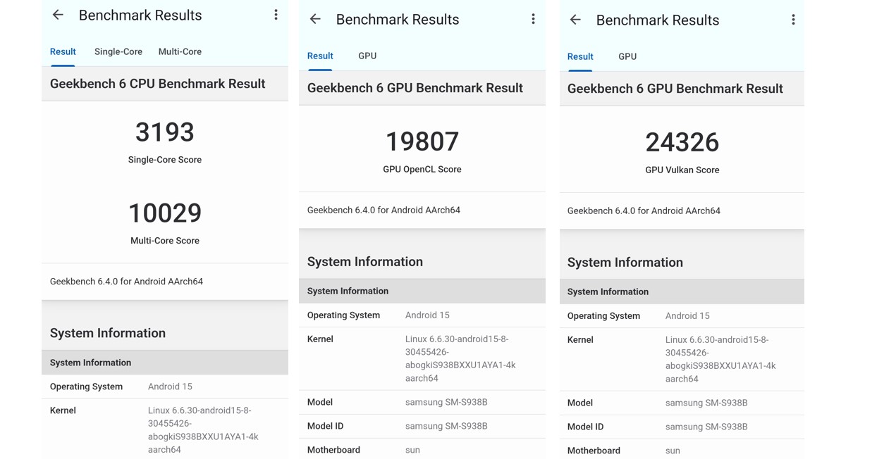 Samsung Galaxy S25 Ultra's CPU and GPU performance score on Geekbench 6.0 app.