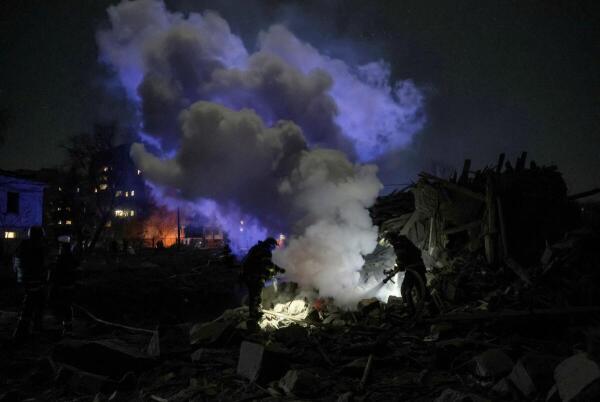 Firefighters work at a site of a Russian missile strike, amid Russia's attack on Ukraine, in the town of Kramatorsk, Donetsk region Ukraine February 9, 2025.