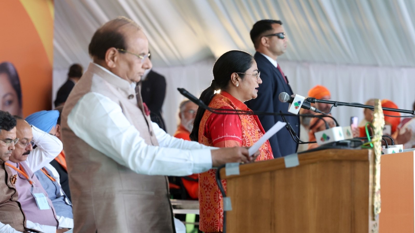 The oath ceremony was administered by Lt Governor V K Saxena.