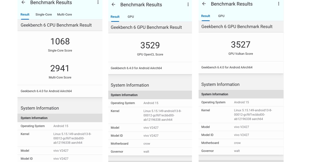 Vivo V50's CPU and GPU performance on Geekbench performance testing app.