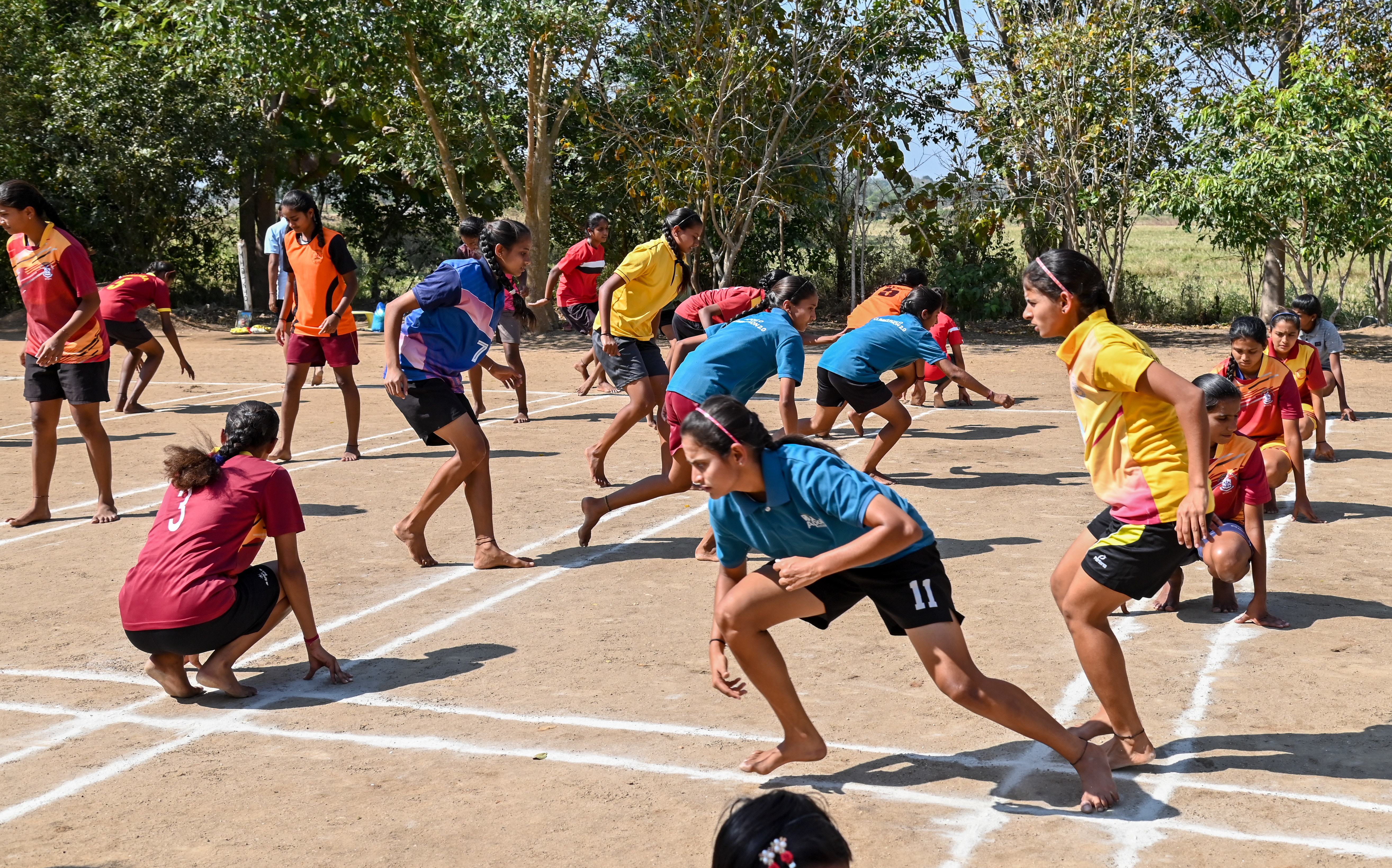 Kho kho players practising in Kuruburu village T Narasipura taluk Mysuru. 