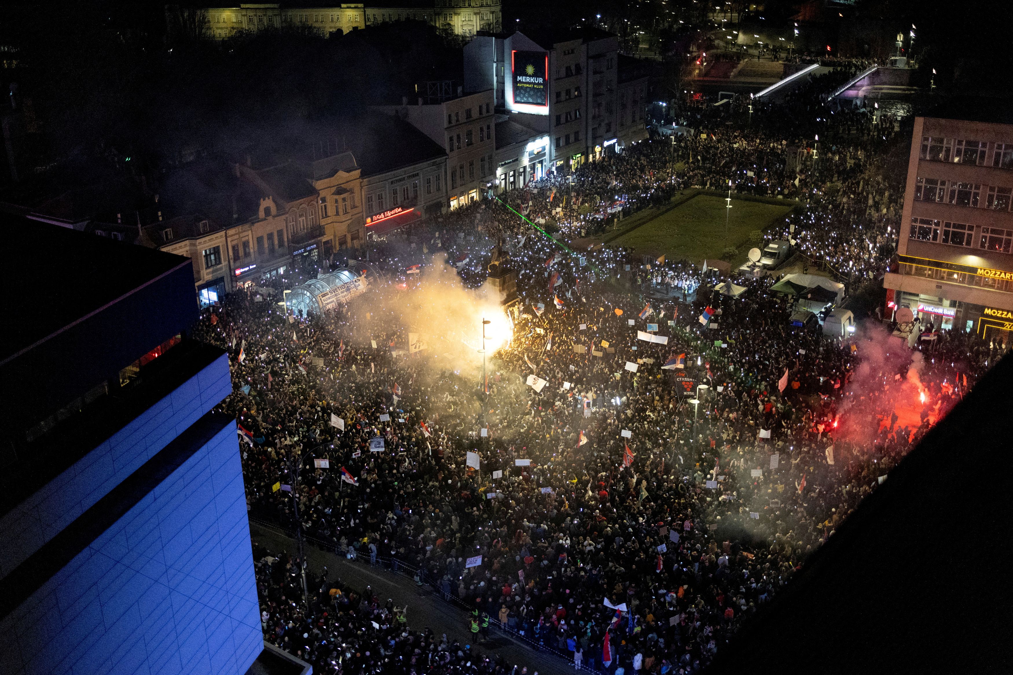 Students and opposition supporters gather during a protest over the fatal November 2024 Novi Sad railway station roof collapse, in Nis, Serbia.