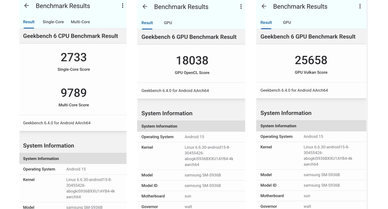 Samsung Galaxy S25+'s CPU and GPU performance score on Geekbench 6.0 app.