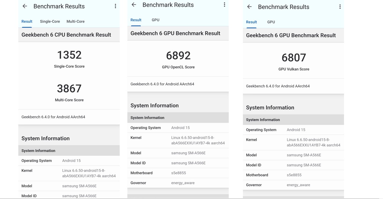 Samsung Galaxy A56's CPU and GPU performance score on Geekbench 6.0 app.