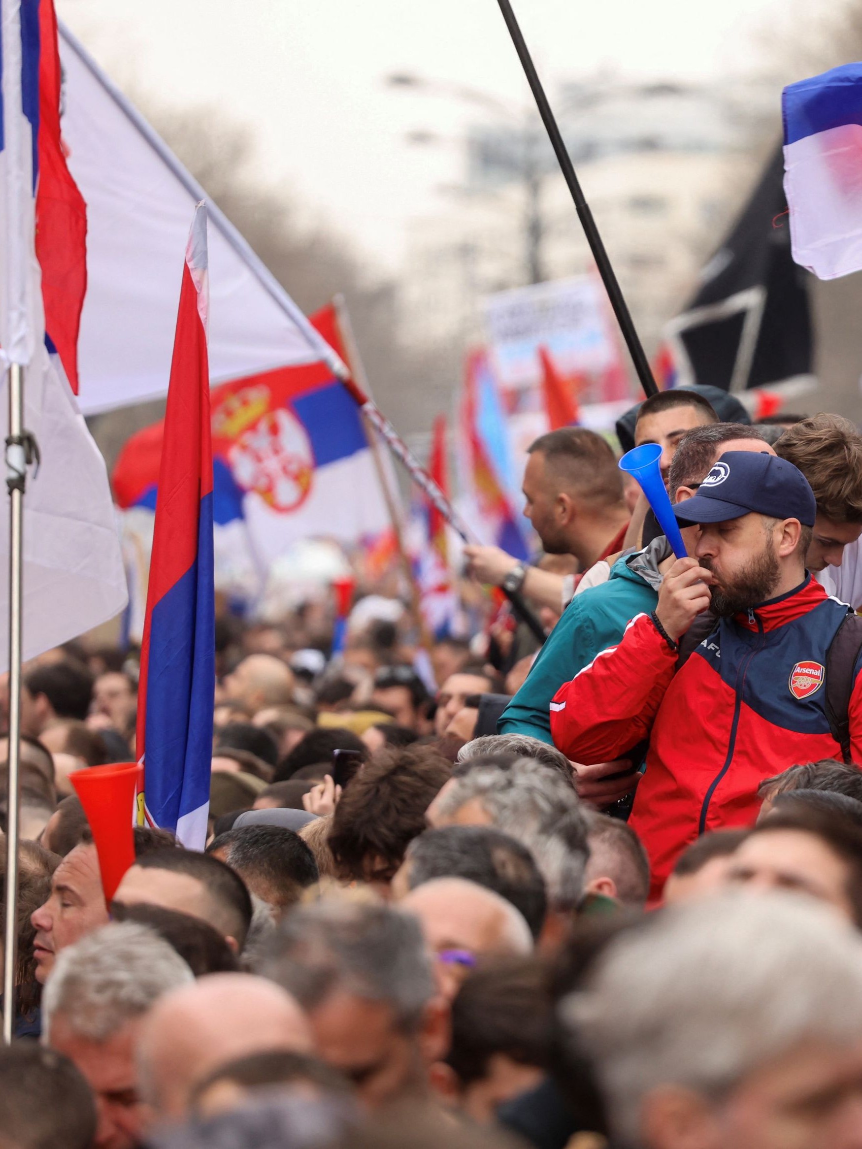Amid scores of Serbian flags, some waved banners calling for environmental protection, while others demanded the return of the former breakaway province of Kosovo.