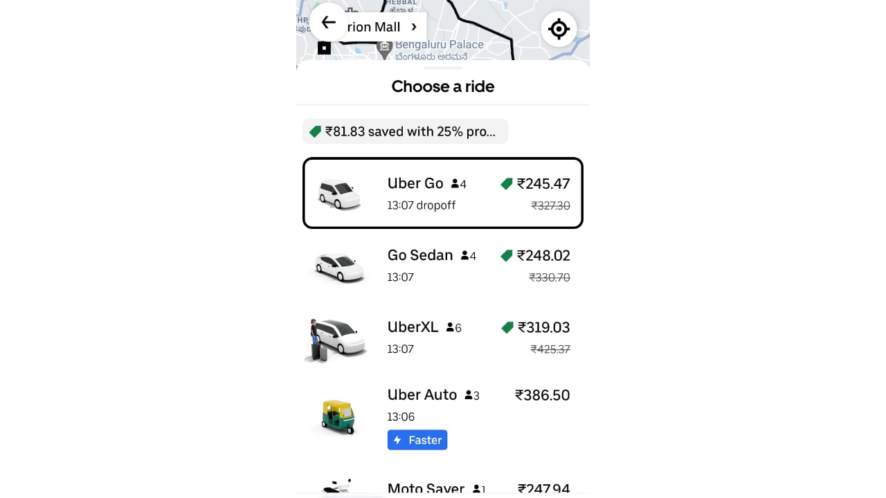 A screenshot from Uber, showing auto rides costing more than cab rides. 
