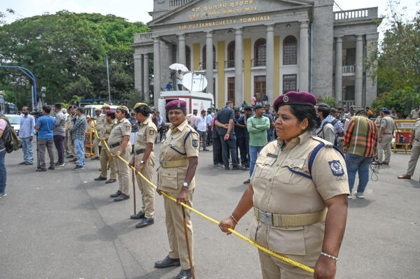 Police security in front of Town Hall due to Karnataka Bandh call by pro-Kannada organisations in Bengaluru.