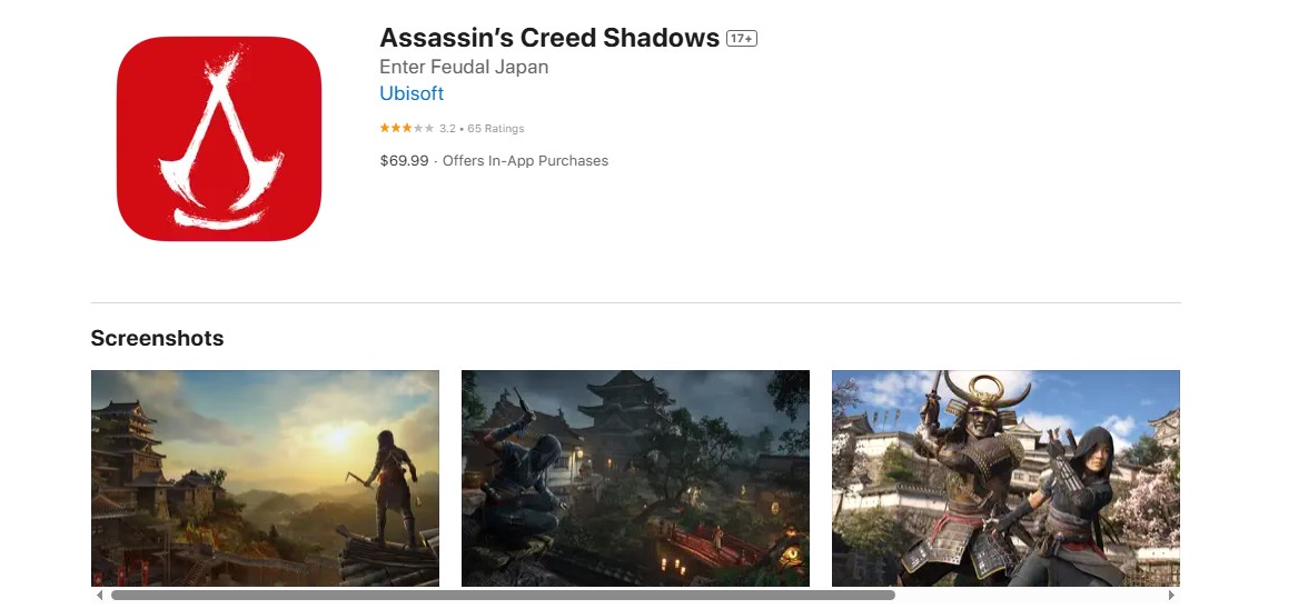 Assassion's Creed Shadows on Apple Mac App Store.