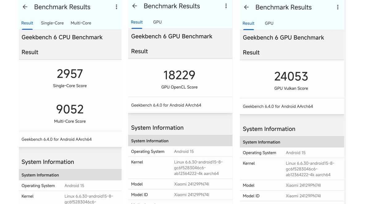 Xiaomi 15's CPU and GPU performance score on Geekbench 6.0 app.