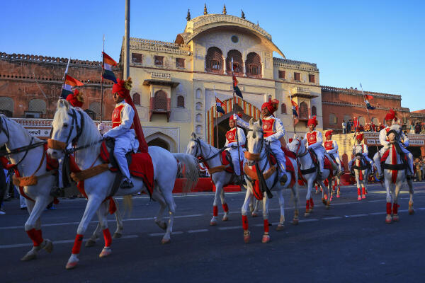 A glipmse of the traditional Gangaur procession passing through the Tripolia Gate on the occasion of Gangaur festival in Jaipur.