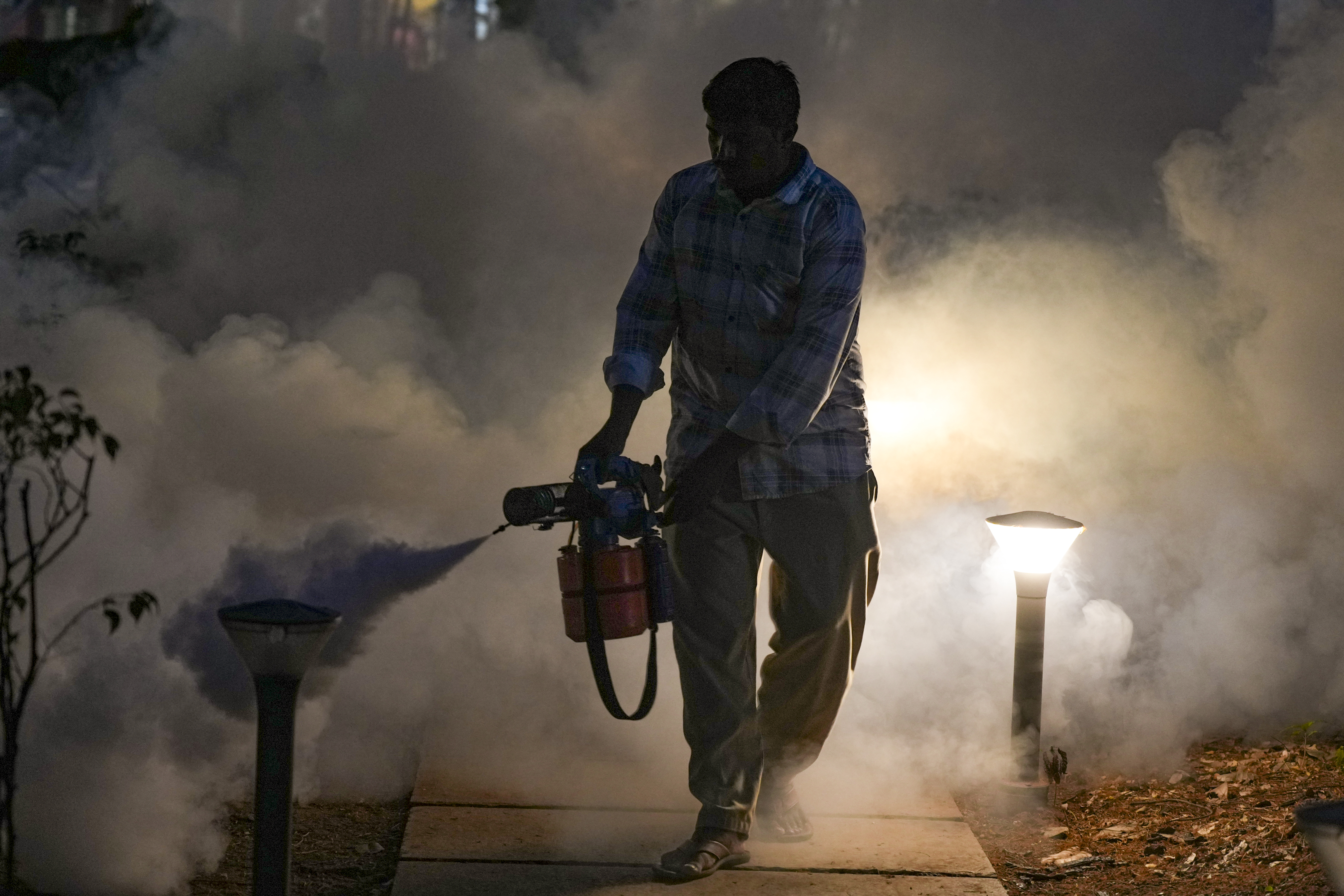 A municipality worker fumigates a park in a bid to kill mosquitos in Bengaluru. 