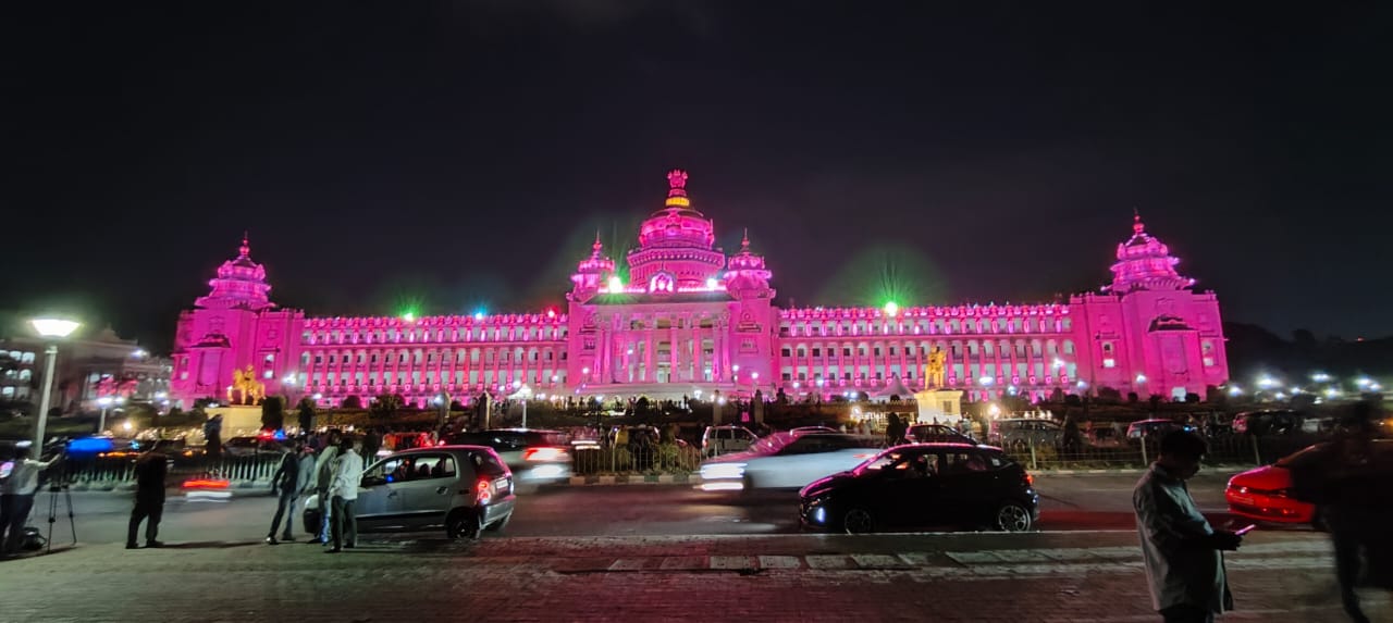 Pink hued lights at the Soudha. 