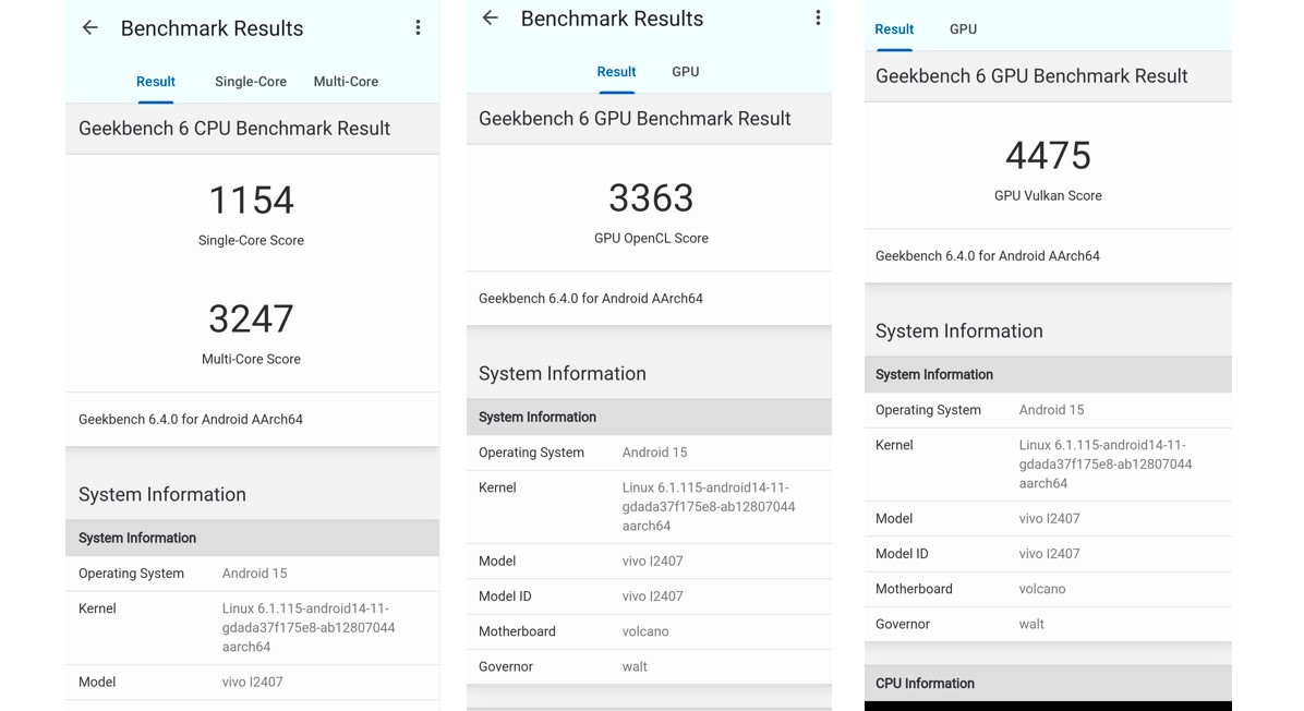 iQOO Z10's CPU and GPU performance score on Geekbench performance testing app.
