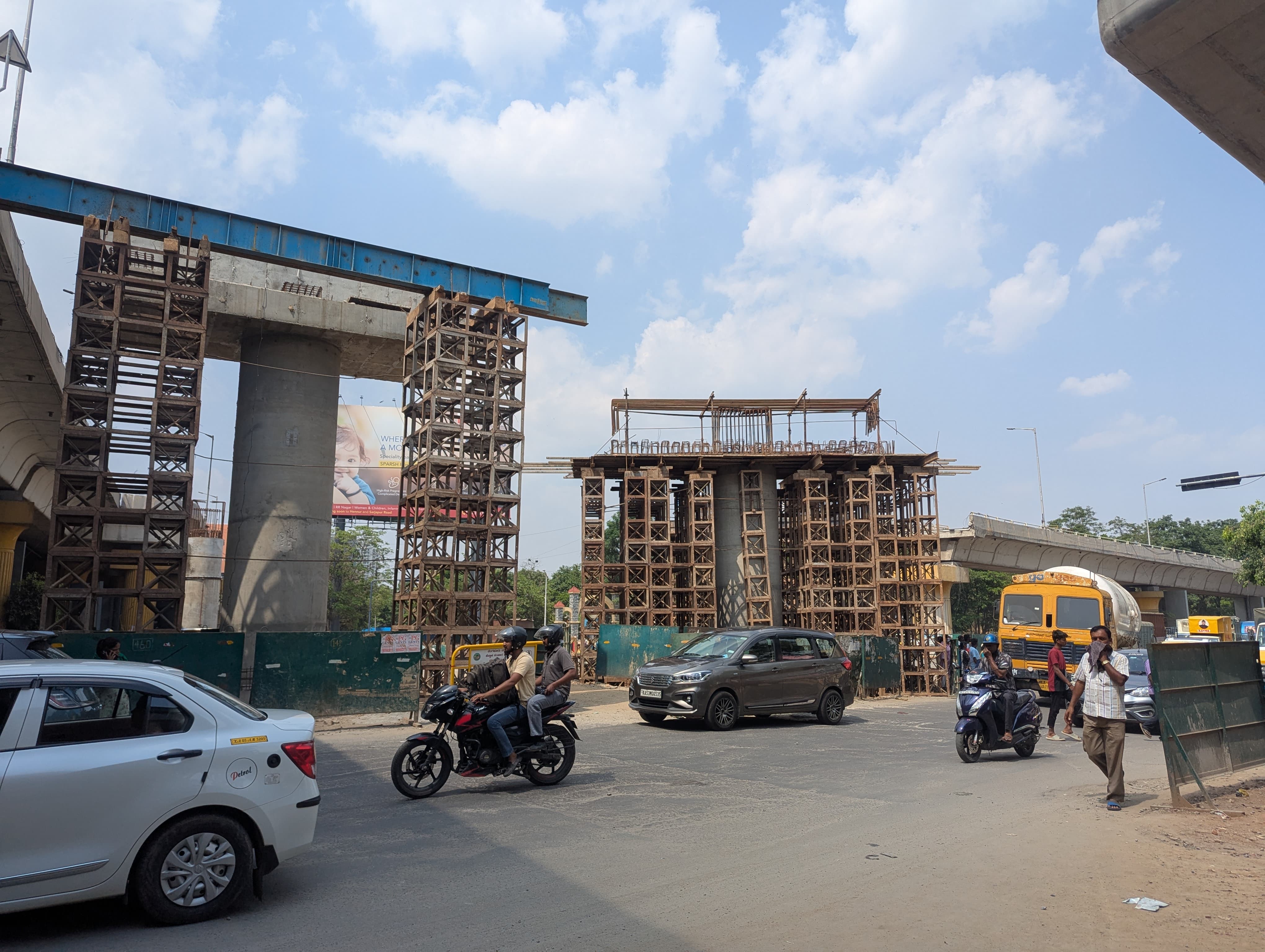 Two of the under-construction pillars of the new flyover loop at the Hebbal Junction. 
