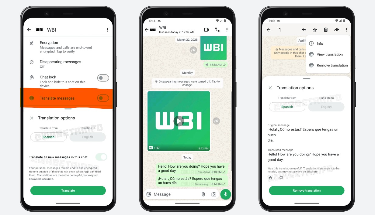 WhatsApp testing in-app translation for messages and Channels updates.