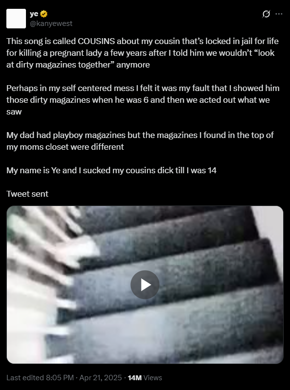 Screengrab of Ye's post on X