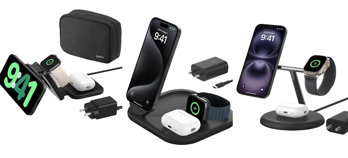 Belkin 3-in-1 Magnetic Wireless Charging Travel Pad with Qi2 15W (left) Belkin 3-in-1 Magnetic Foldable Wireless Charger with Qi2 15W (centre) and Belkin 3-in-1 Magnetic Wireless Charging Stand with Qi2 15W (left).