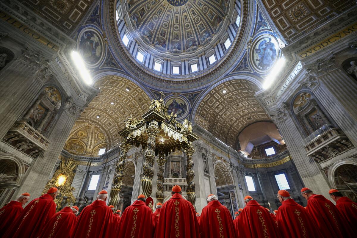 Cardinals attend a mourning Mass for Pope Francis on the fifth day of Novendiali (nine days of mourning after the Pope's funeral) at St. Peter's Basilica at the Vatican, April 30, 2025.