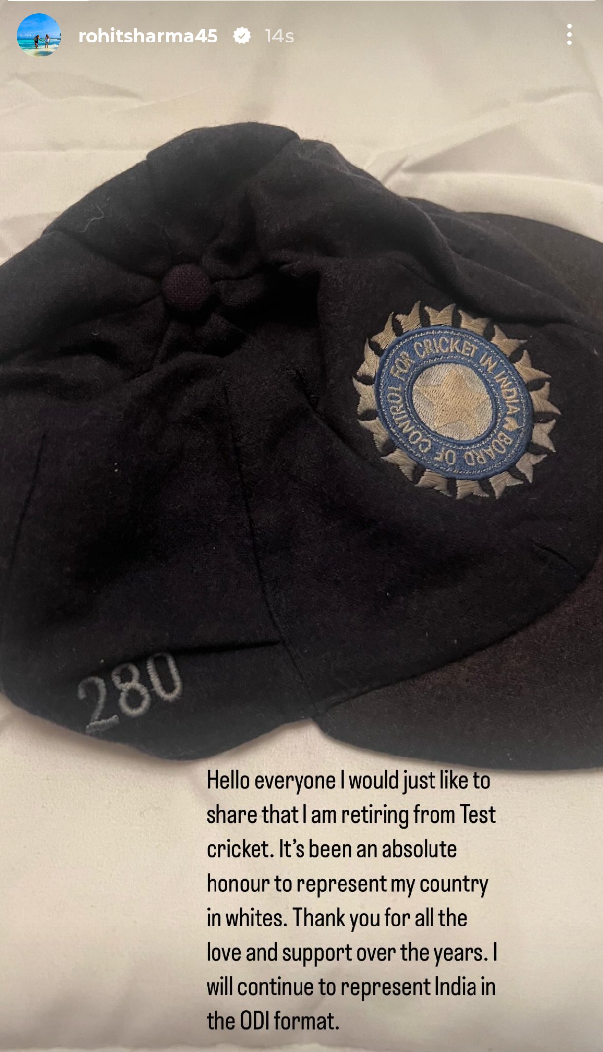 Rohit Sharma posted on instagram with a picture of his Test cap. 