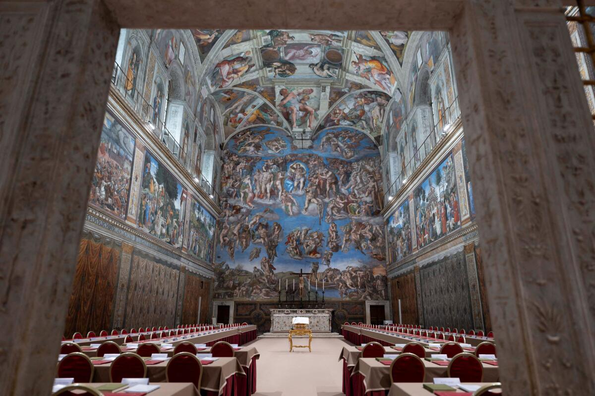 A view of the interior of the Sistine Chapel ahead of the conclave to elect the next pope at the Vatican, May 6, 2025.
