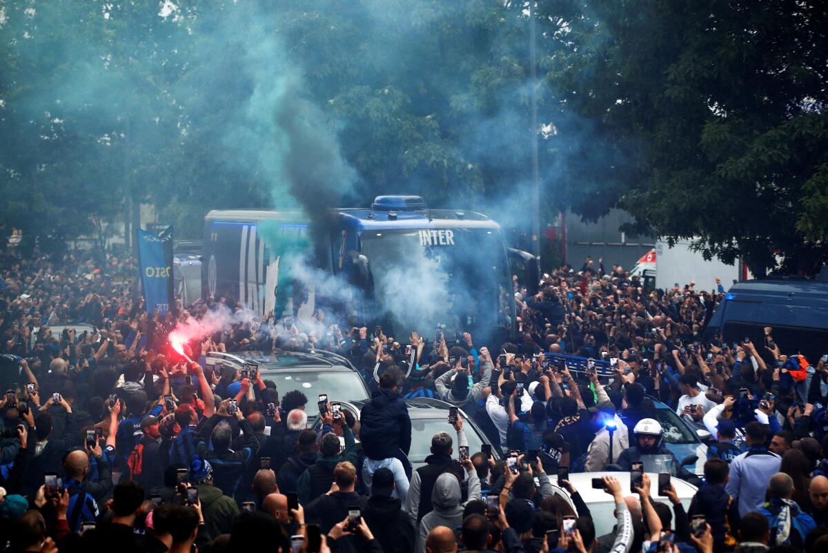 Inter Milan team bus arrives at the stadium before the match