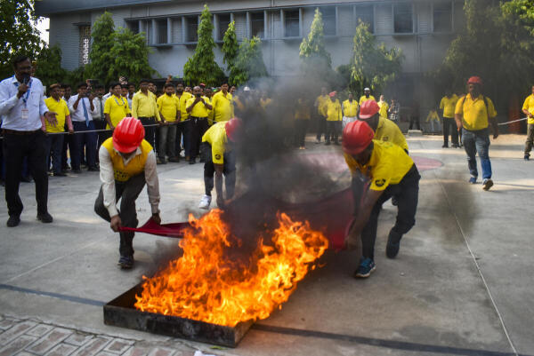 Civil Defence personnel take part in a drill conducted as a part of the nationwide civil defence exercise, in Meerut.