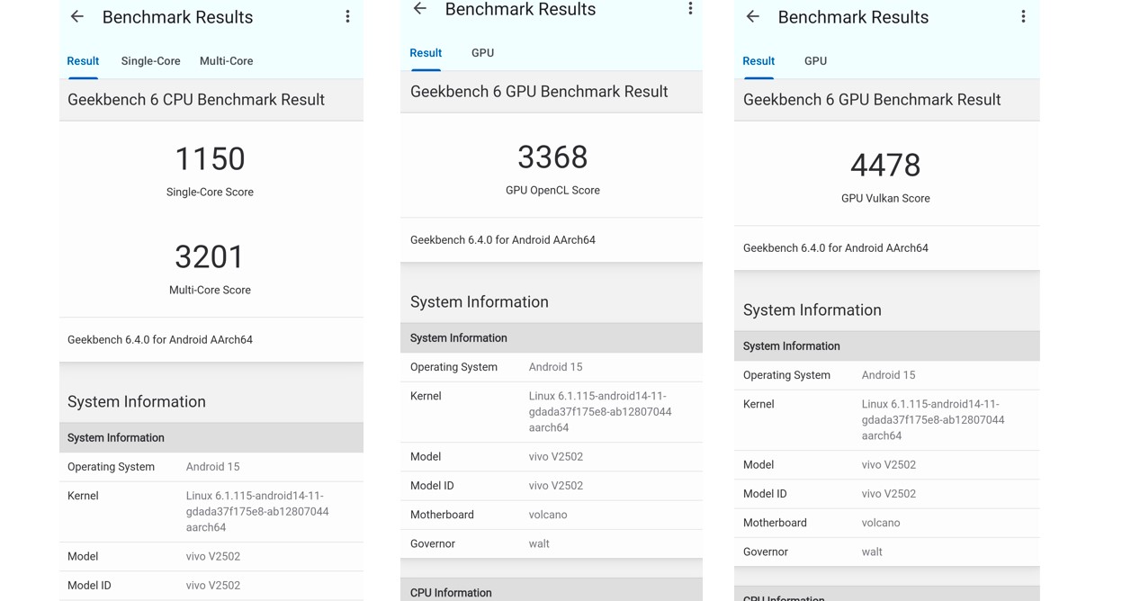 Vivo T4 5G's CPU and GPU performance on Geekbench 6.0 app. 