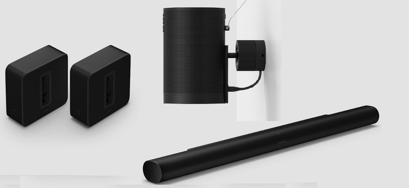 Sonos Sub 4 (left), Sonos Arc Ultra (bottom) and Era 100 Pro (top centre) speakers.