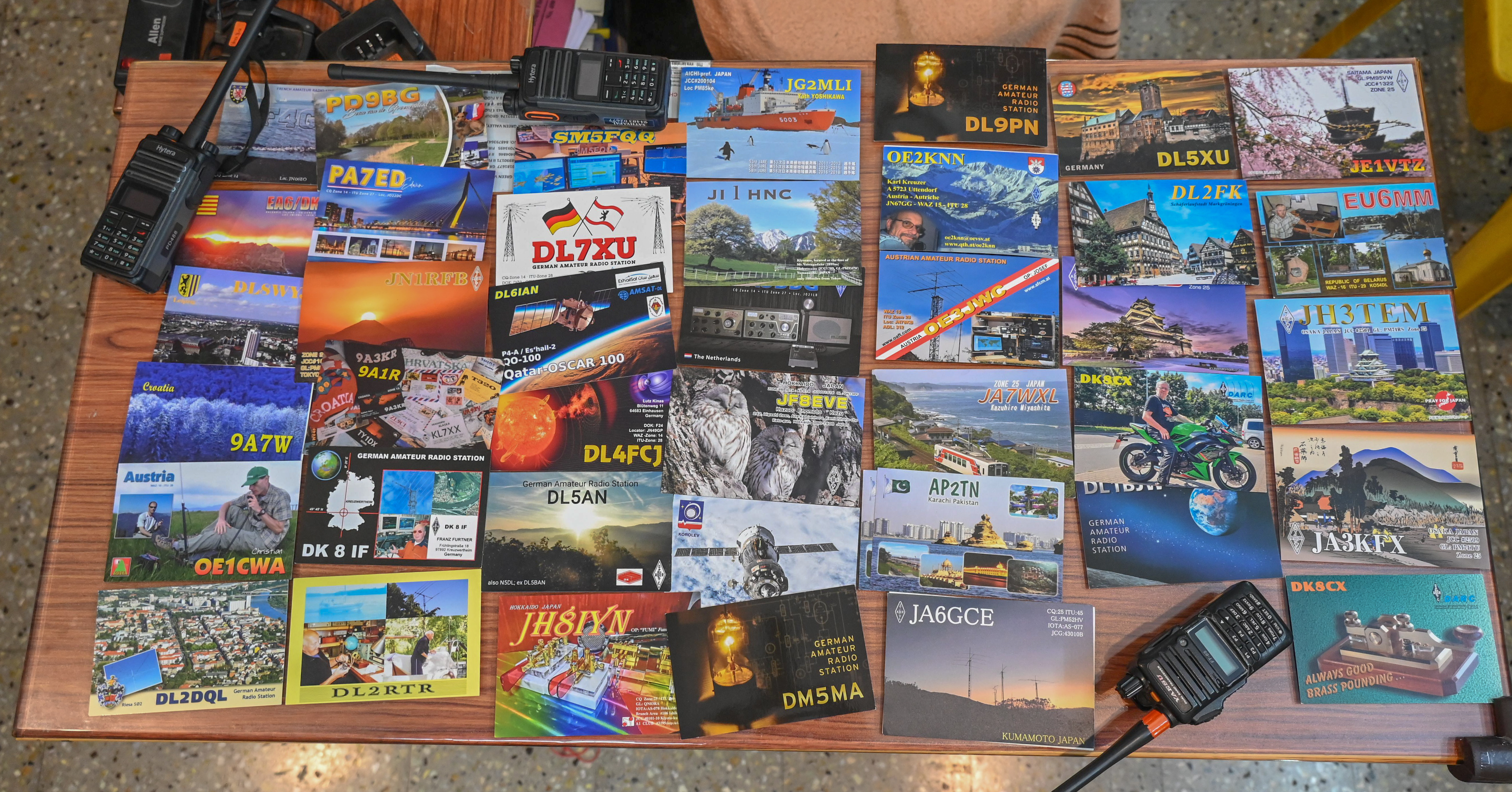 A display of QSL cards (written confirmation of a two way contact on ham radio) at Sathyapal's house. 