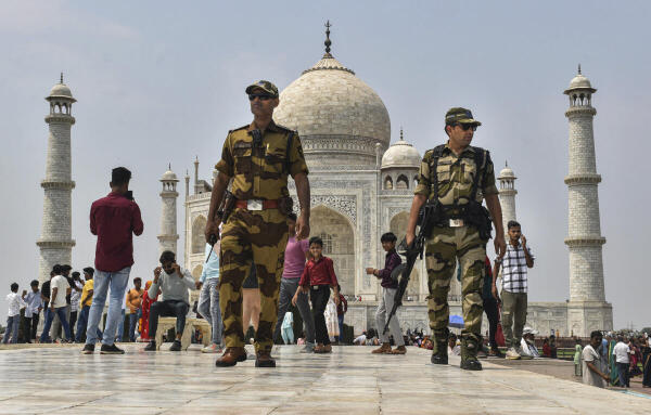 Security personnel keep a vigil at the Taj Mahal complex, in Agra, Uttar Pradesh.