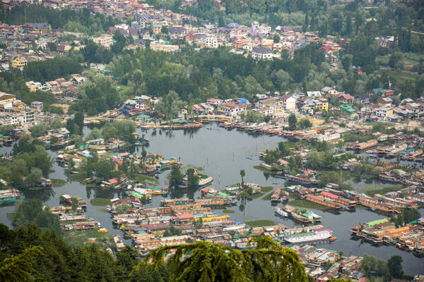 An aerial view of rows of empty houseboats in Dal Lake, as tourism takes a hit following the Pahalgam terror attack that claimed 26 lives and left several injured, in Srinagar.
