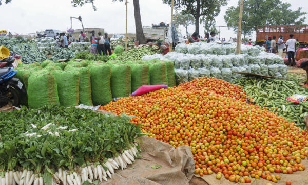 Workers arrange vegetables at a mandi (wholesale market), in Ranchi, Monday, May 26, 2025. Prices of several vegetables have declined with the arrival of the pre-monsoon season in Jharkhand. 