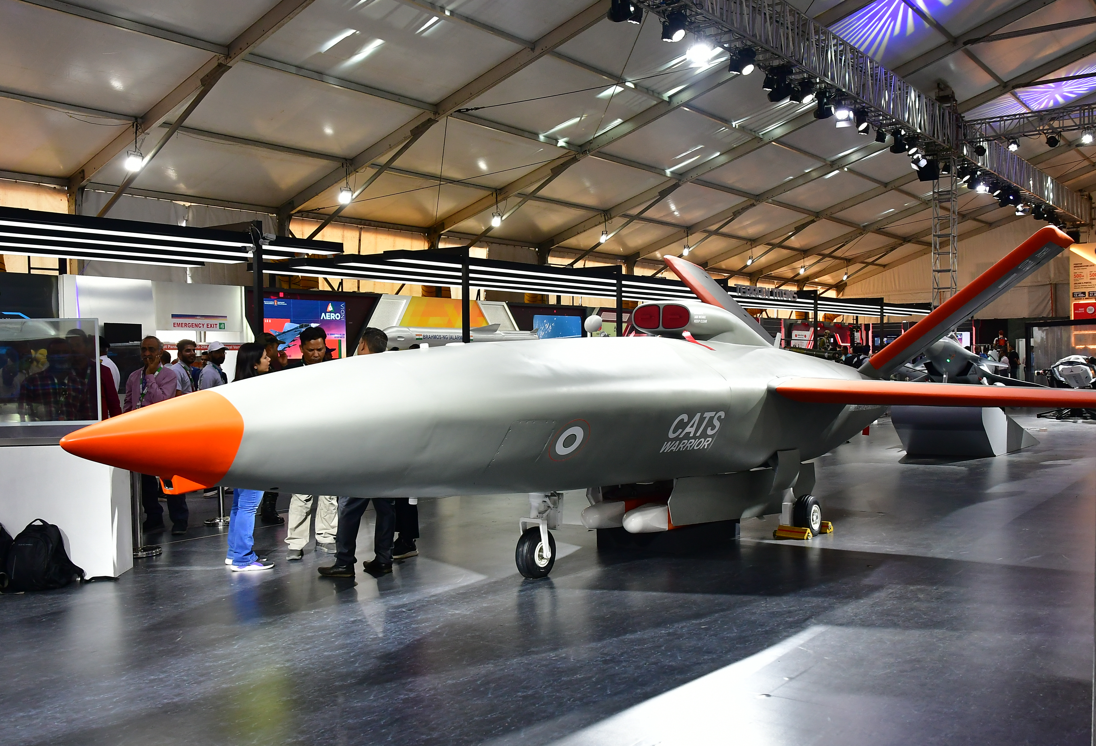 A view of the Abhimanyu Collaborative Combat Aircraft India’s first private sector drone designed for high-speed long-range combat roles and the HAL CATS Warrior (right) which features a family of drones designed to team with manned fighter jets. 