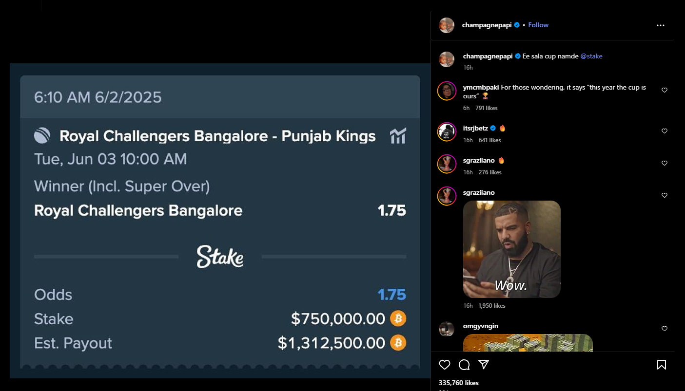 Drake shares a photo of his bet on RCB 