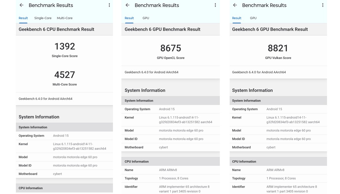 Motorola Edge 60 Pro's CPU and GPU performance score on Geekbench 6.0.