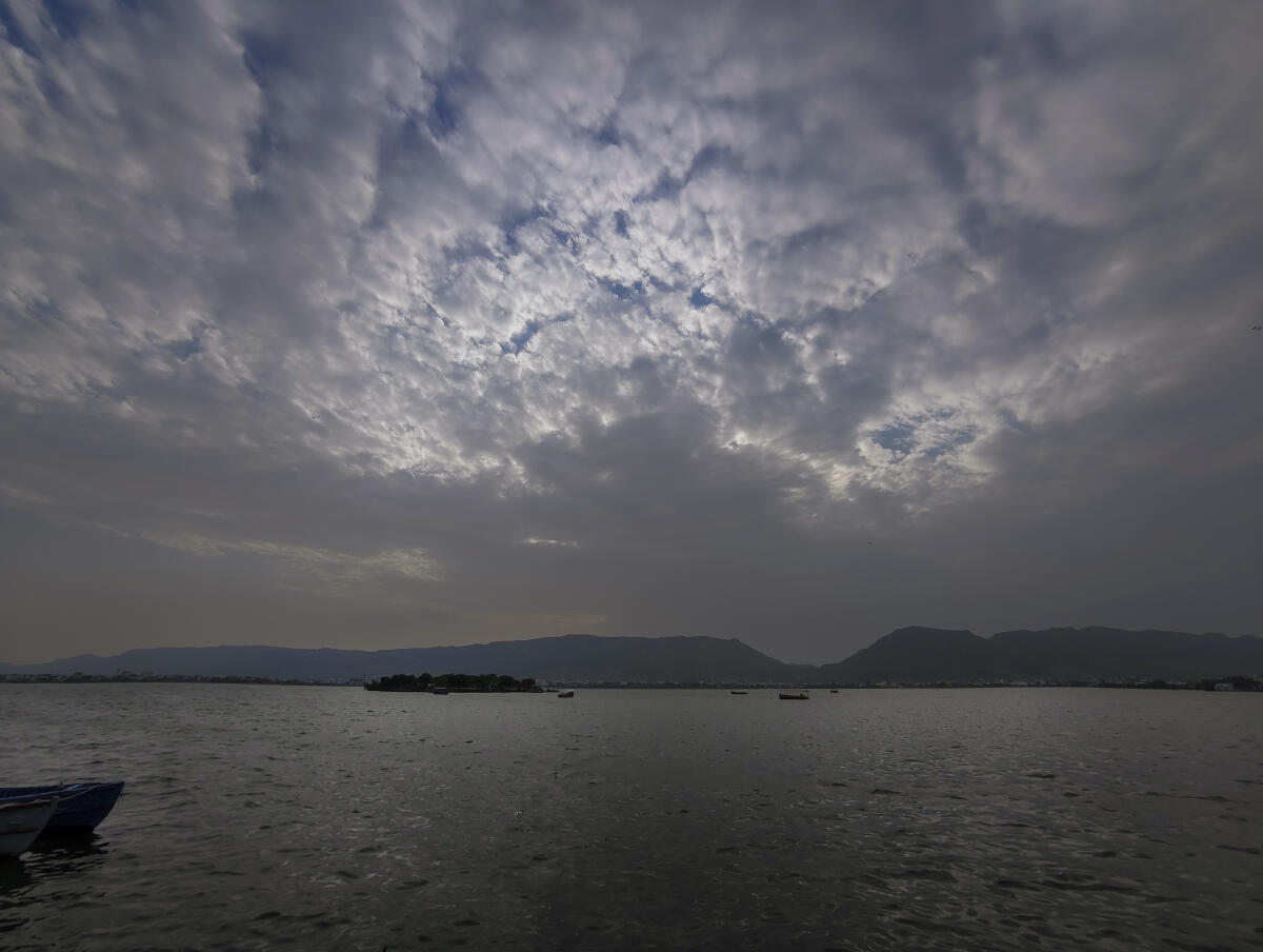 Clouds hover above the Ana Sagar Lake in Ajmer, Rajasthan