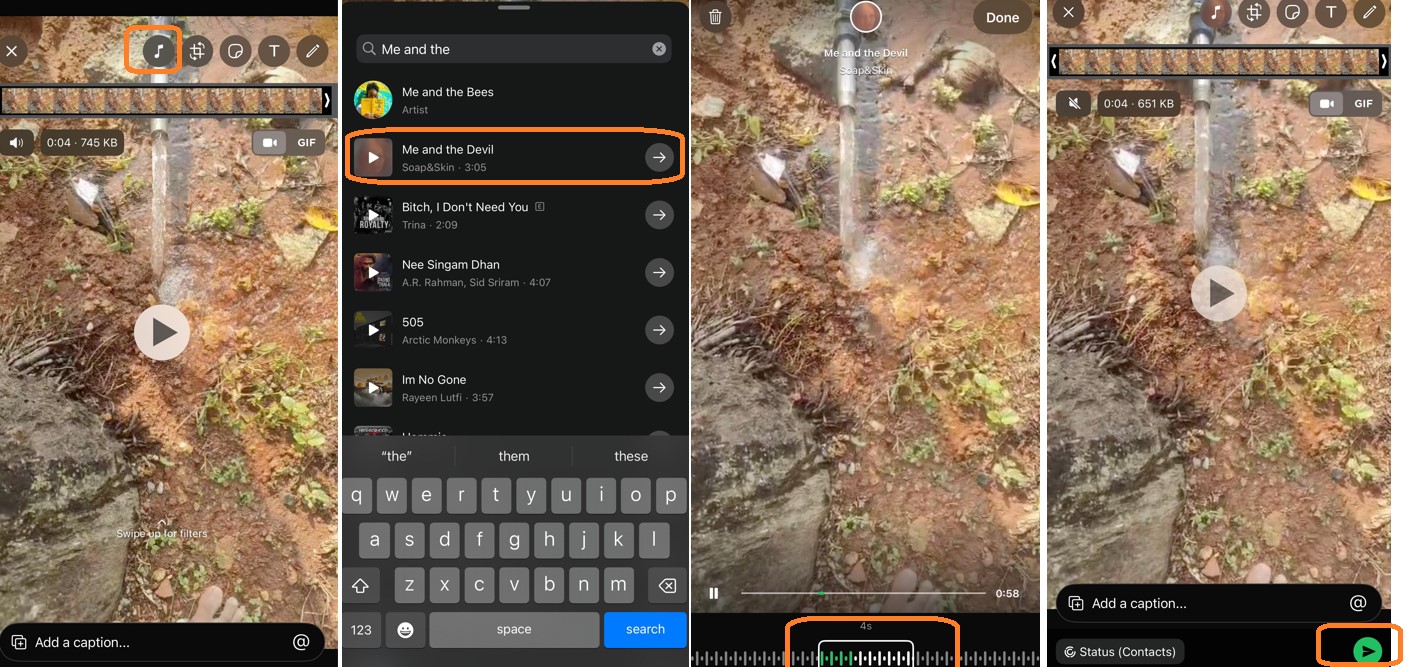 Steps on how to add music to images or videos for status updates.