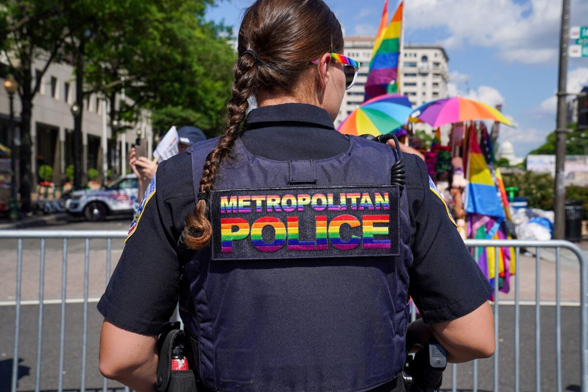 A police officer stands guard as people take part in the WorldPride parade in Washington, D.C., U.S., June 7, 2025.