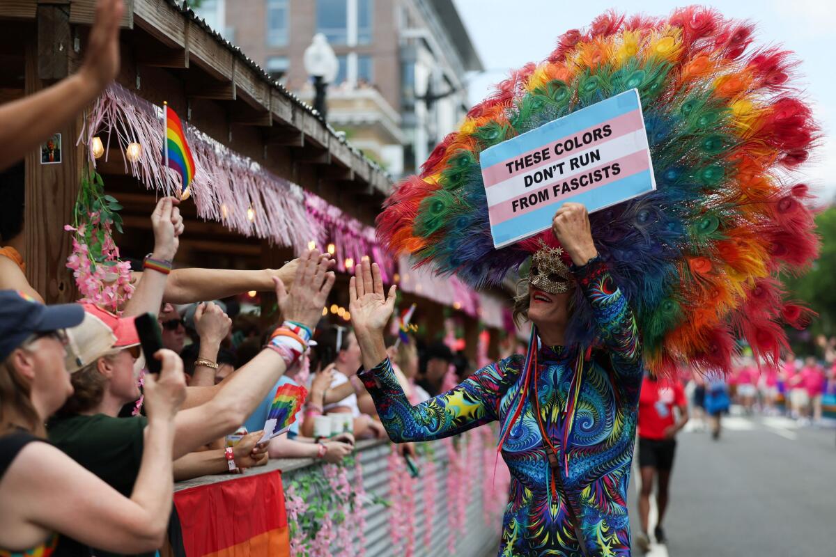 A person wearing a costume holds a placard during the WorldPride parade in Washington, D.C., U.S., June 7, 2025.
